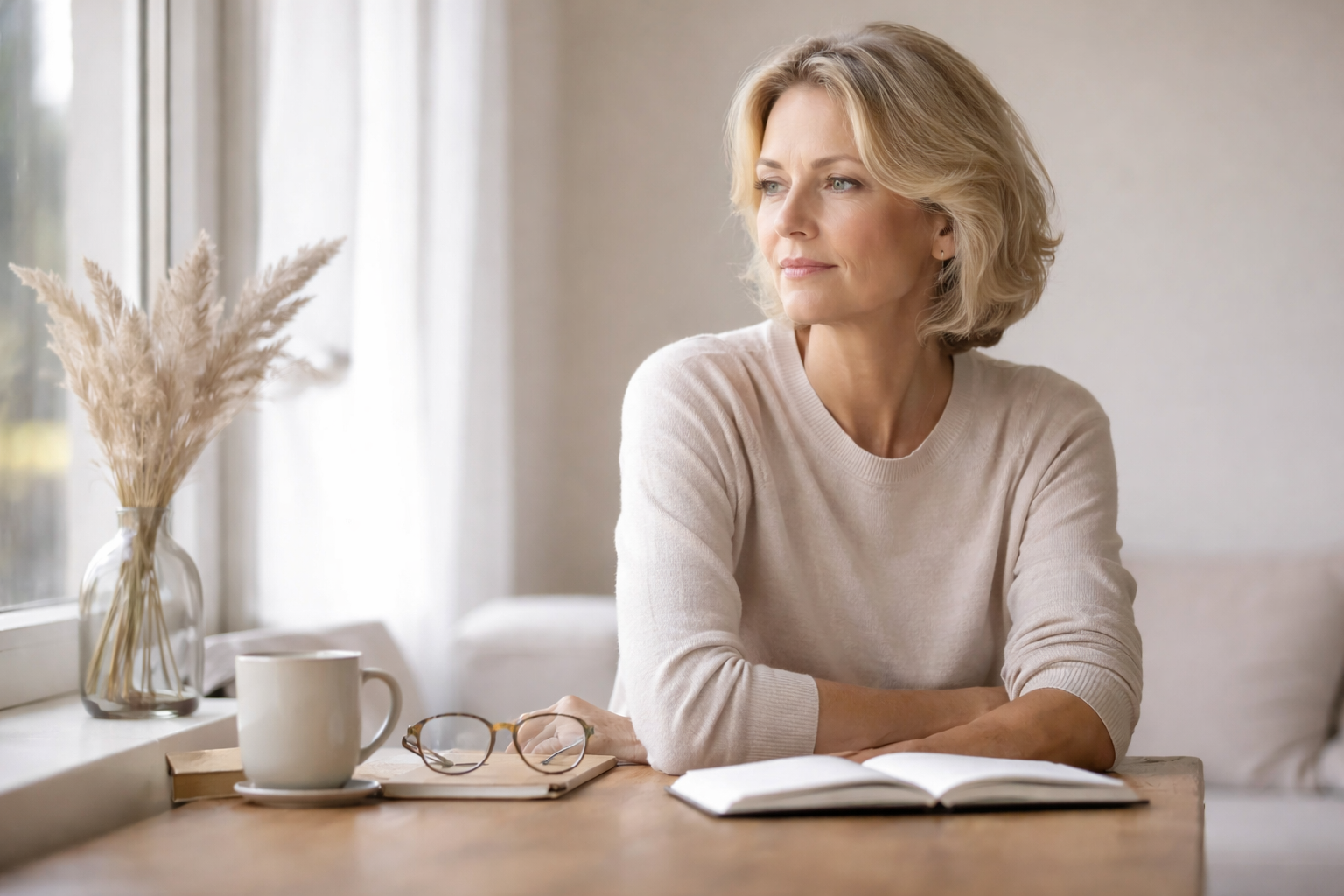 Ruhiges Bild, Frau hat Buch vor sich und schaut aus dem Fenster.