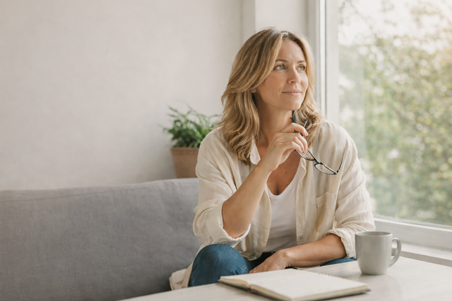 Frau schaut nach link und trifft Entscheidungen