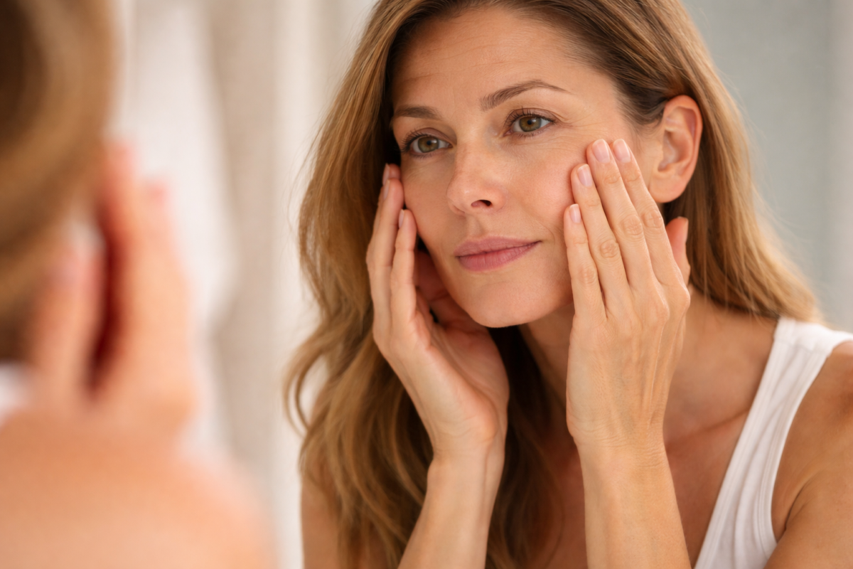 Frau betrachtet sich im Spiegel ihre Haut.