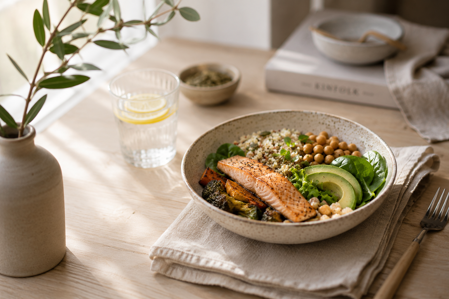 Eiweiß für Frauen 45+ Gesunde Buddha Bowl am Fenster