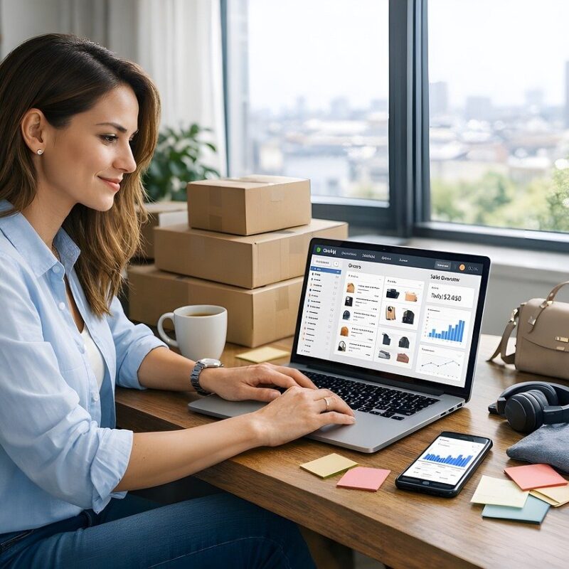 Frau am PC die sich weiterbildet