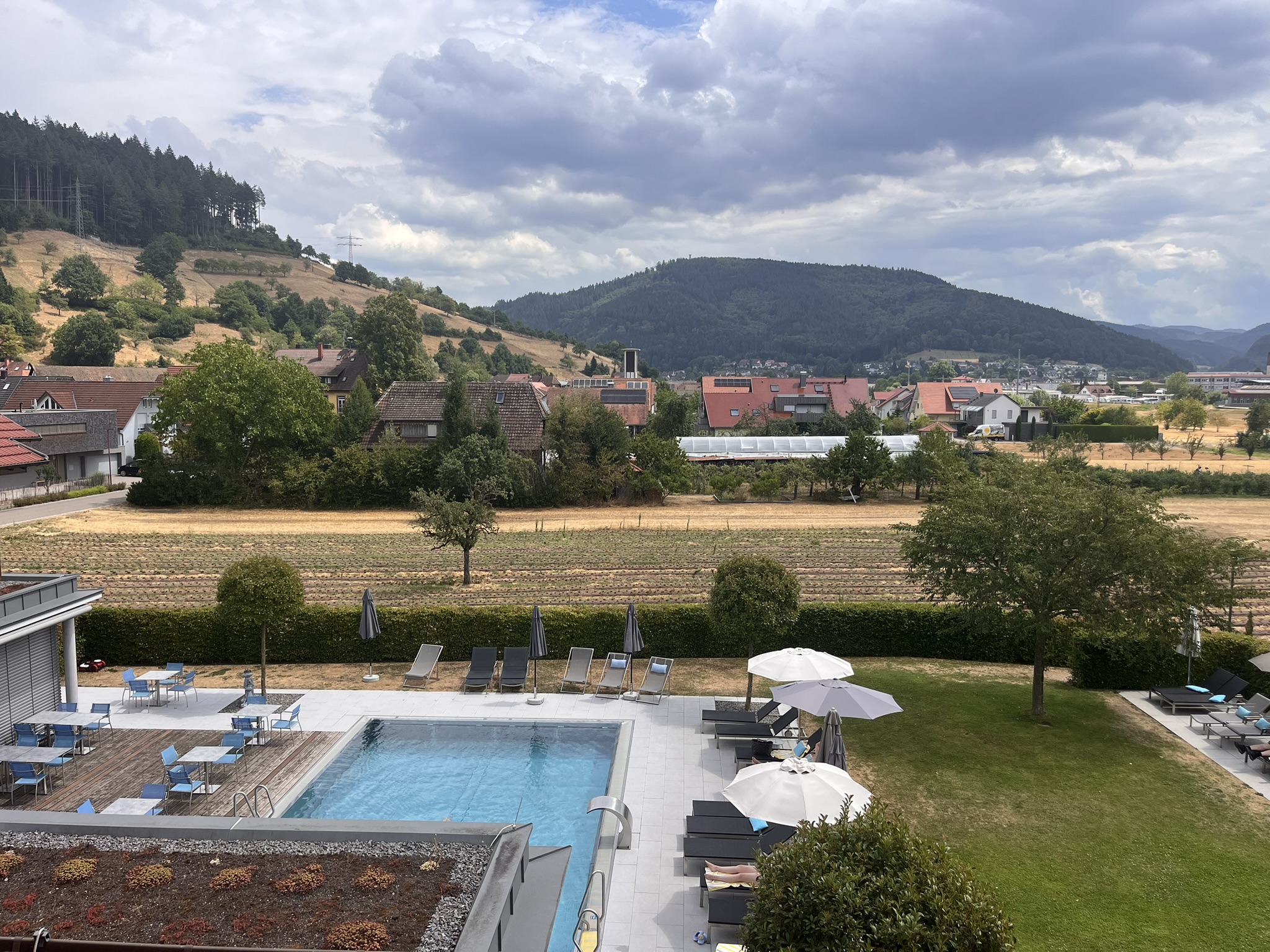Blick auf den Pool Mosers Blume Blick aus dem Zimmerfenster ins Kinzigtal