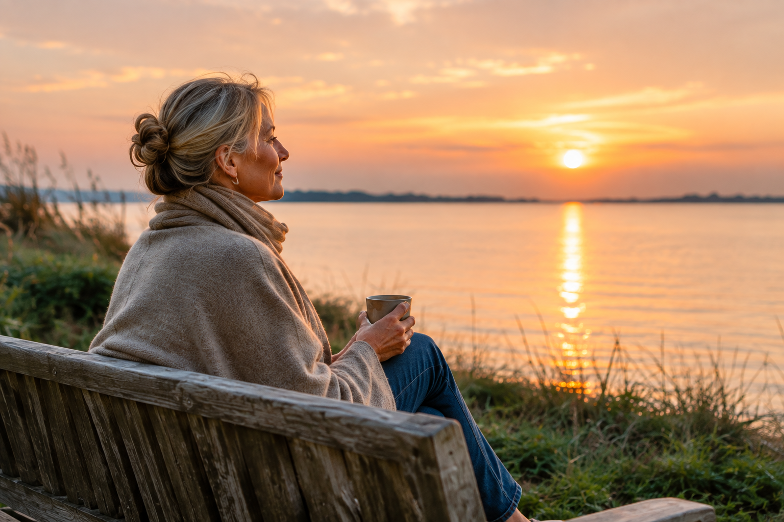 Frau am Meer mit Abendsonne Frau sitzt auf Bank und schaut in die Abendsonne am Meer