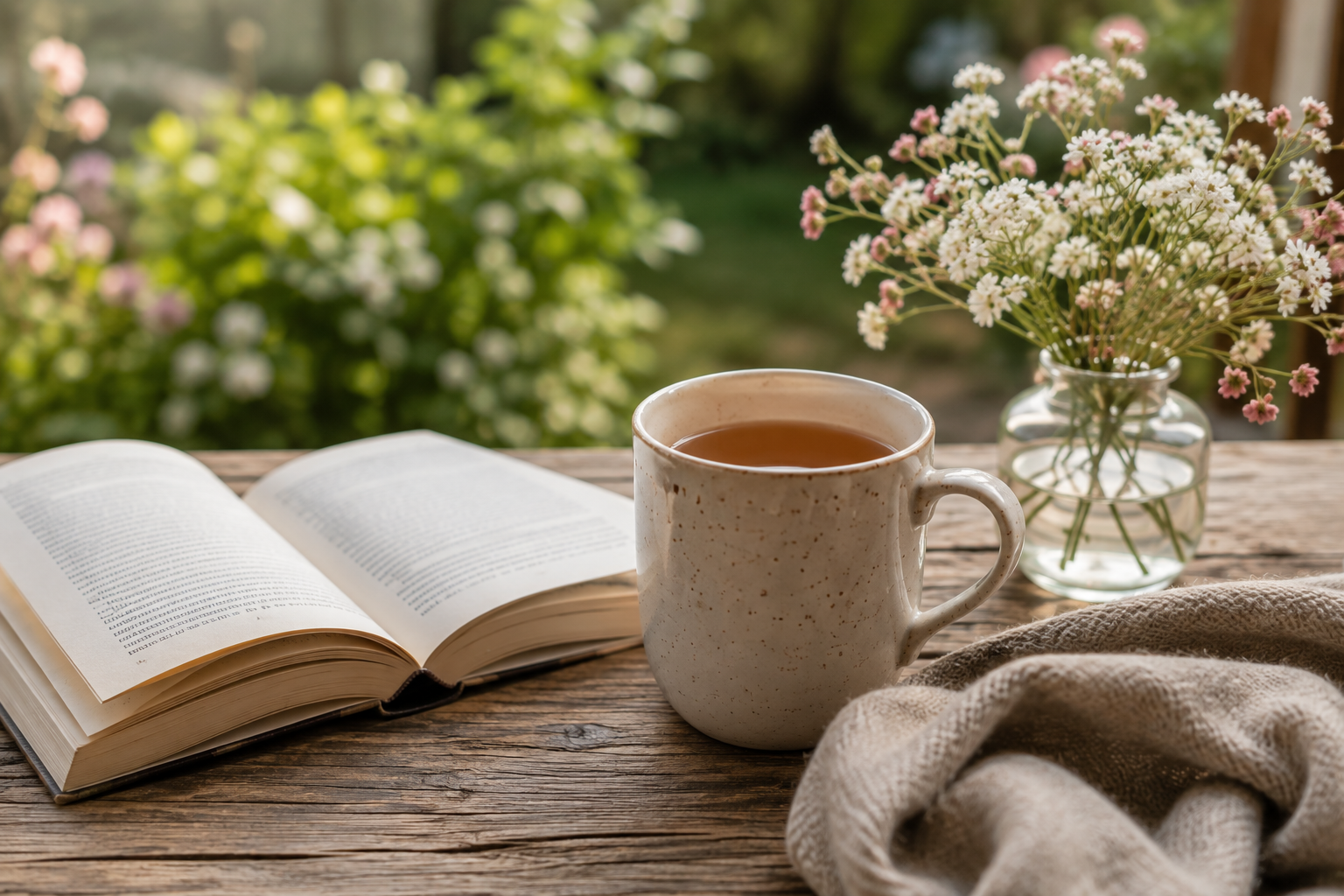Ruhige Szene mit Tee Tasse und Buch auf Tisch im Garten