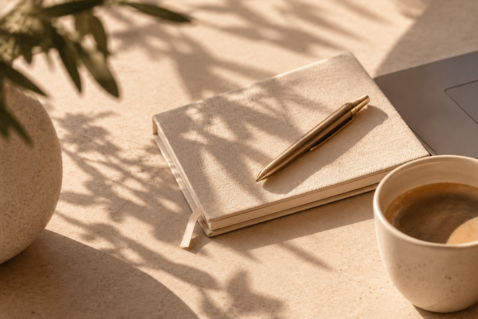 Eleganter Arbeitsplatz im warmen Sonnenlicht